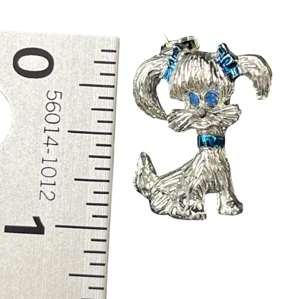 Vintage Gerry's Yorkie Dog BroochSilver‎ Tone Blue Rhinestones EnamelPuppy Pin